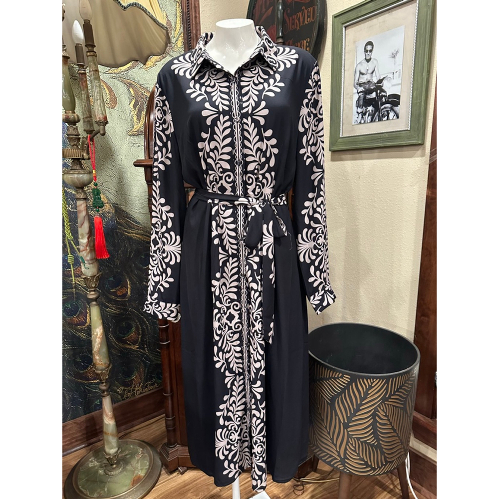 Elie Tahari Black and Beige Long Sleeve Dress Large